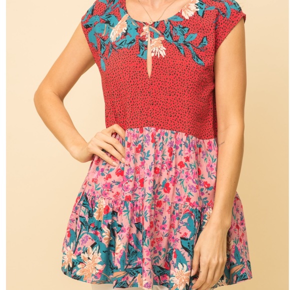 Mystree Red Turquoise Cheetah Floral Mixed Pattern Babydoll Rayon Keyhole Blouse - Picture 7 of 13